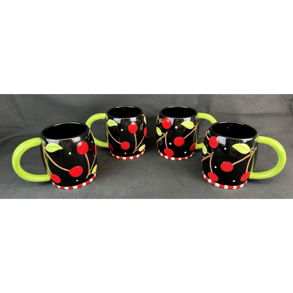 Set Of 4 Sakura Mary Engelbreit Black Cherries Stoneware  Coffee:tea Mugs